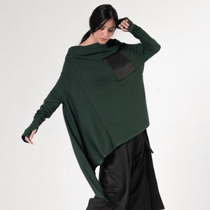 Green Loose Tunic/Asymmetric Long Top/Leather Pocket Shirt/Casual Maxi Tunic/Extravagant Long Sleeve Blouse/Fallen Sleeve Top/Green Long Top