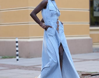 Sleeveless Maxi Dress / Denim Striped Dress In Dark Blue / Long Zipper Vest METD0250_Light