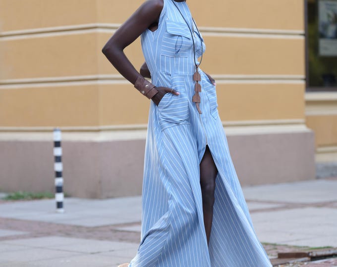 Sleeveless Maxi Dress / Denim Striped Dress In Dark Blue / Long Zipper Vest METD0250_Light