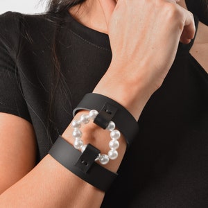 Leather Pearl Bracelet / Leather Bracelet / Wrist Choker / Black Bracelet / Leather Arm Cuff/ Plain Leather Cuff / Gothic Bracelet image 1