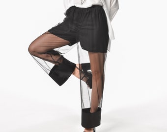 Mesh Pants / Avant Garde Clothing / See Through Pants / Elastic Waist Pants / Sheer Pants / Wide Leg Pants Women  METP0107