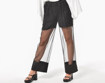 Extravagant Mesh Pants /  Wide Led Tulle Pants / Avant Garde Clothing / Romantic Gift For Her / Transparent Trousers METP0107