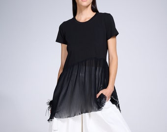 Asymmetrical Тop / Chiffon Tunic / Black Chiffon Tunic / Pleated Tunic / Loose Tunic Top / Pleated Shirt / Top with Folds / Metamorphoza