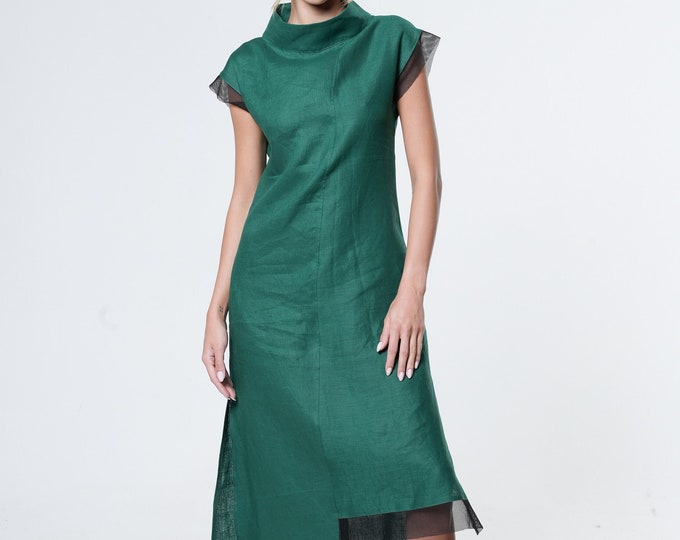 Asymmetric Green Linen Summer Dress with Mesh Details