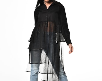 Asymmetrical Shirt / See Through Shirt / Transparent Shirt / See Through Tunic / Button Up Long Sleeve Shirt / See Through Blouse