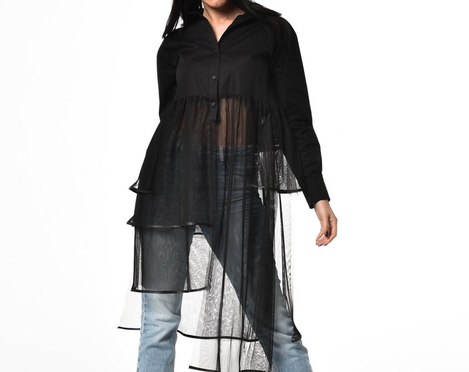 Asymmetrical Shirt / See Through Shirt / Transparent Shirt / See Through Tunic / Button Up Long Sleeve Shirt / See Through Blouse METT0239