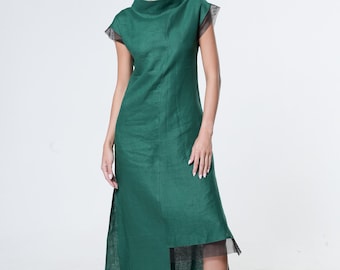 Asymmetrical Linen Dress In Green METD0219