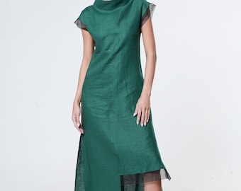 Long Dress Elegant / Summer Linen Dress / High Collar Dress / Elegant Summer Dress / Linen Summer Dress / Green Linen Dress