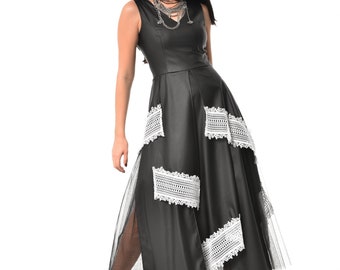 Long Leather Dress In Black / Valentine's Gift For Her / Black Vegan Leather Dress With Lace Details / Gothic Gown METD0212