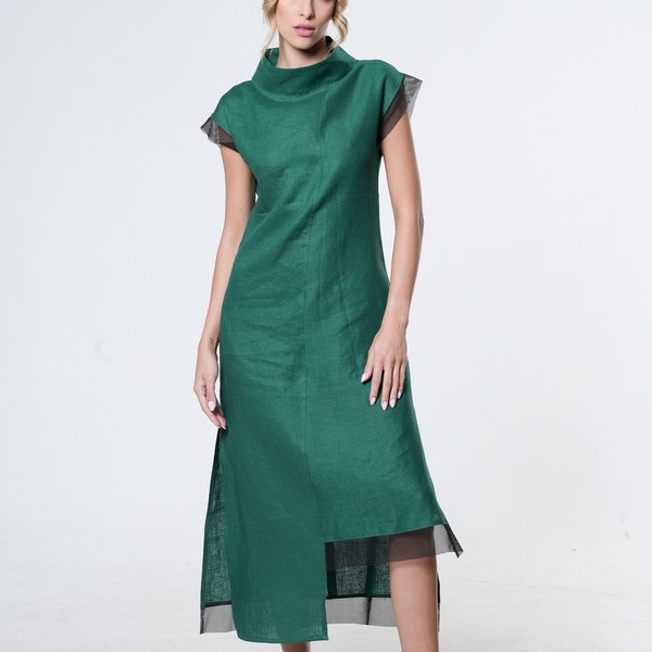 Long Dress Elegant / Summer Linen Dress / High Collar Dress / Elegant Summer Dress / Linen Summer Dress / Green Linen Dress
