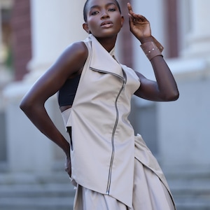 Beige Elegant Zipper Vest/Asymmetric Casual Long Top/Extravagant Dinner Tunic/Sleeveless Beige Coat/Sleeveless Mockneck Top METT0049