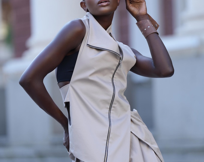 Beige Elegant Zipper Vest/Asymmetric Casual Long Top/Extravagant Dinner Tunic/Sleeveless Beige Coat/Sleeveless Mockneck Top METT0049