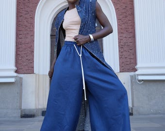 Navy Blue Linen Palazzo Pants: Wide Leg Trousers with Side Slits