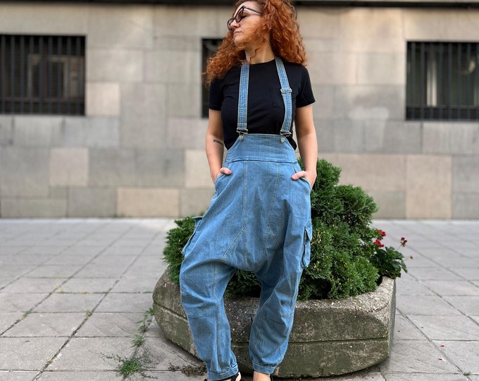 Oversized Light Denim Jumpsuit / Harem Pants With Suspenders / Loose Denim Jumpsuit METP0110