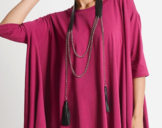 Extravagant Chain and Genuine Leather Necklace/Handmade Black Pendant/Leather Tassel Necklace/Chain Necklace МЕТА0022