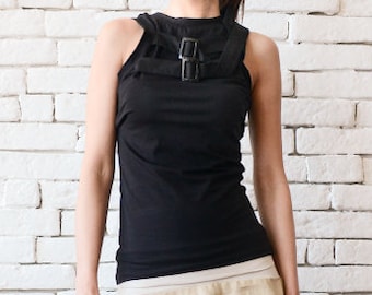 Extravagant Black Top with Belts/Sleeveless Black Tunic/Tight Black Vest/Alternative Black Top/No Sleeve Shirt/Black Party Top METT0103