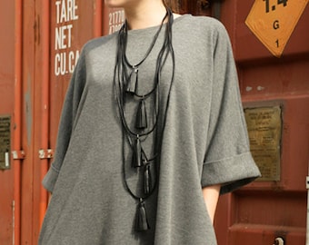 Black Leather Necklace / Five Laywer Pendant / Tassel Necklace from Genuine Leather / Extravagant Leather Accessory by METAMORPHOZA META0004