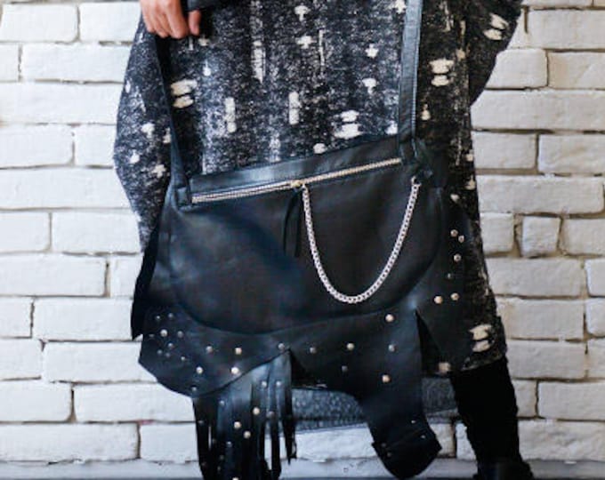 Asymmetric Black Clutch/Extravagant Handbag/Leather Bag with Chain/Small Shoulder Bag with Studs/Genuine Leather Tote Bag METB0029