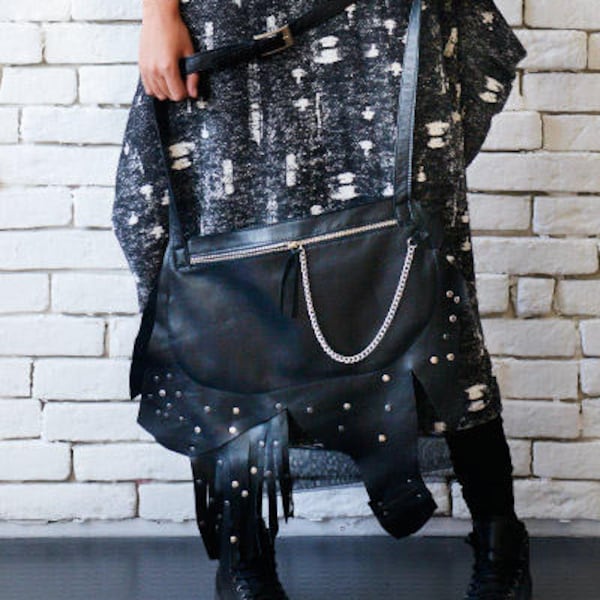 Asymmetric Black Clutch/Extravagant Handbag/Leather Bag with Chain/Small Shoulder Bag with Studs/Genuine Leather Tote Bag