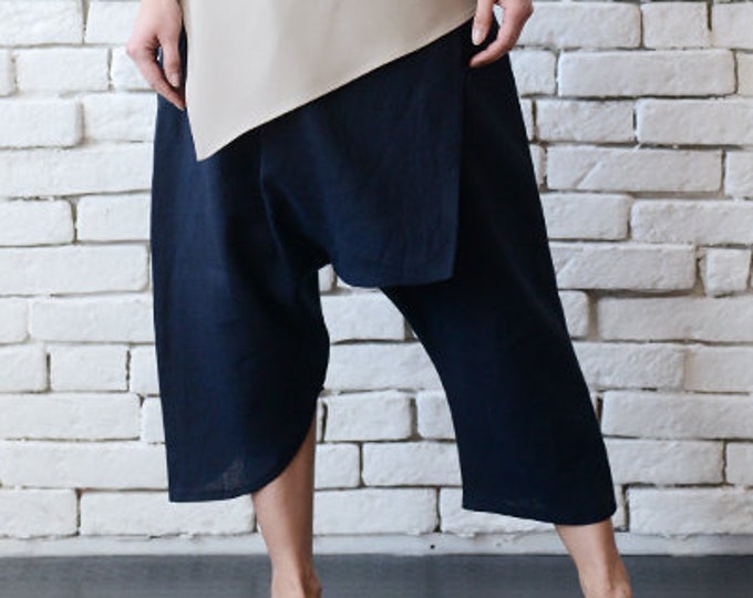 Dark Blue Asymmetric Pants/Extravagant Linen Trousers/Navy Oversized Pants/Comfortable Summer Pants/Festival Extravagant Pants