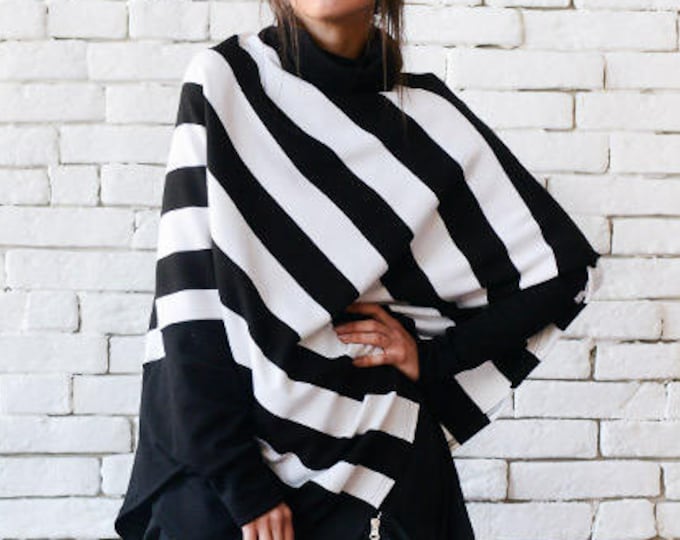 Stripe Loose Tunic/Extravagant Black and White Poncho/Half Sleeve Maxi Sweater/Asymmetric Warm Top/Plus Size Tunic/Stripe Oversize Shirt