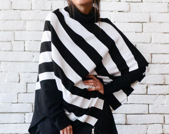 Stripe Loose Tunic/Extravagant Black and White Poncho/Half Sleeve Maxi Sweater/Asymmetric Warm Top/Plus Size Tunic METT0091