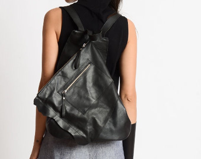 Extravagant Leather Backpack/Black Handmade Bag/Everyday Shoulder Bag/Black Triangle Bag/Black Genuine Leather Satchel METB0034