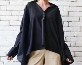 Black Oversize Tunic Top/Plus Size Maxi Shirt/Black Casual Linen Shirt/Long Sleeve Asymmetric Tunic/Long Loose Black Top/Extravagant Top