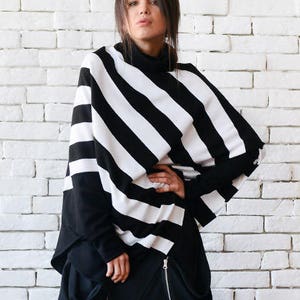 Stripe Loose Tunic/Extravagant Black and White Poncho/Half Sleeve Maxi Sweater/Asymmetric Warm Top/Plus Size Tunic METT0091