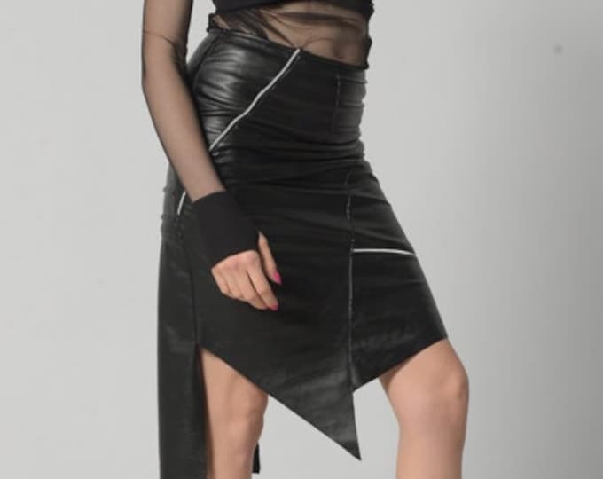 Asymmetric Skirt / Leather Mini Skirt / Leather Pencil Skirt / Black Leather Skirt