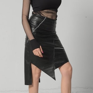 Asymmetric Skirt / Leather Mini Skirt / Leather Pencil Skirt / Black Leather Skirt METSk0031