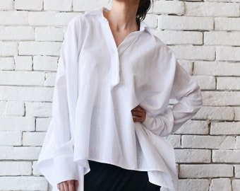 Asymmetrical White Linen Shirt Plus Size