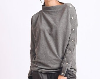 Grey Loose Blouse/Long Sleeve Tunic Top/Grey Maxi Tunic/Loose Long Top/Plus Size Casual Tunic/Oversize Grey Tunic METT0114