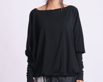 Haut très large noir/chemisier grande taille noir/chemise longue noire/top à manches longues décontracté/top oversize ample pour tous les jours/top avec manches METT0144