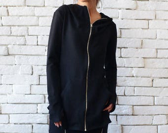 Asymmetric Top / Black Zipper Hoodie / Asymmetric Tunic / Aesthetic Hoodie / Urban Clothing / Long Sleeve Tunic / Zipper Tunic METT0094