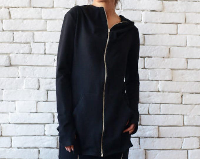 Asymmetric Top / Black Zipper Hoodie / Asymmetric Tunic / Aesthetic Hoodie / Urban Clothing / Long Sleeve Tunic / Zipper Tunic