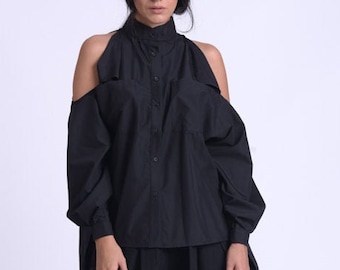 Black Maxi Shirt/Extravagant Naked Shoulder Tunic/Extra Long Sleeve Top/Loose Button Shirt/Black Oversize Asymmetric Shirt METSh0022