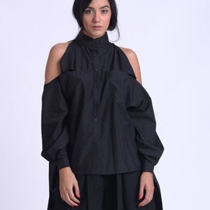 Black Maxi Shirt/Extravagant Naked Shoulder Tunic/Extra Long Sleeve Top/Loose Button Shirt/Black Oversize Asymmetric Shirt METSh0022