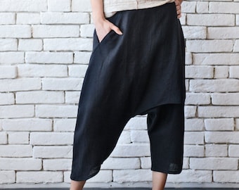 Black Linen Pants/Asymmetric Loose Pants/Linen Capris/Loose Maxi Pants/Oversize Linen Trousers/Wide Leg Maxi Pants/Black Pants METP0043