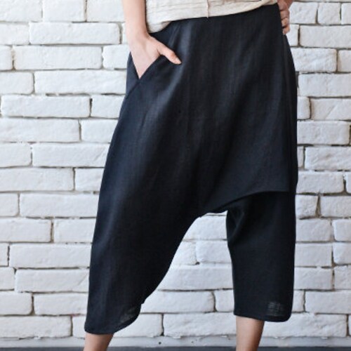 Black Linen Pants/asymmetric Loose Pants/linen Capris/loose | Etsy