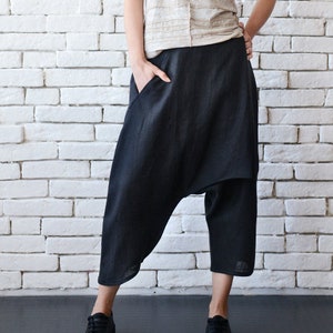 Black Summer Linen Pants for Women / Linen Wide Leg Pants / Plus Size Bohemian Pants / Drop Crotch Harem Pants