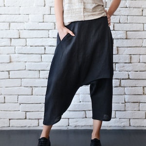 Summer Black Linen Drop Crotch Pants METP0043