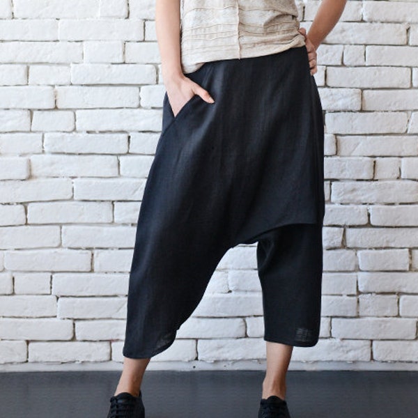 Schwarze Sommer Leinenhose für Frauen / LeinenHose mit breitem Bein / Boho Hose / Haremshose