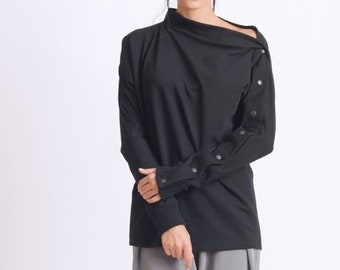 Black Maxi Tunic/Oversize Long Sleeve Top/Extravagant Black Sweatshirt/Casual Loose Tunic/Everyday Plus Size Shirt/Handmade Black Tunic