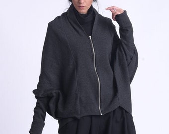 Dark Grey Loose Tunic/Oversize Zipper Cardigan/Long Sleeve Top/Plus Size Jacket/Grey Maxi Top/Comfortable Casual Jacket METC0087