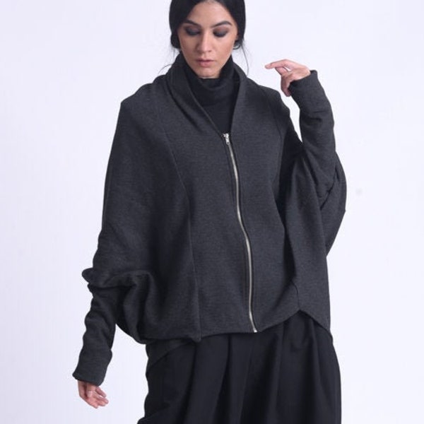 Dark Grey Loose Tunic/Oversize Zipper Cardigan/Long Sleeve Top/Plus Size Jacket/Grey Maxi Top/Comfortable Casual Jacket METC0087