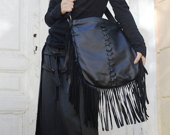 Leather Fringe Bag / Boho Purse Black / Fringe Boho Bag / Everyday Tote Bag / Genuine Leather Tote Bag / Black Leather Cross Body Bag