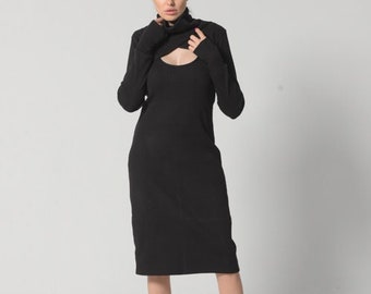 Turtle Neck Dress / Womens Fall Dress / Midi Dress with Sleeves / Shrug Top