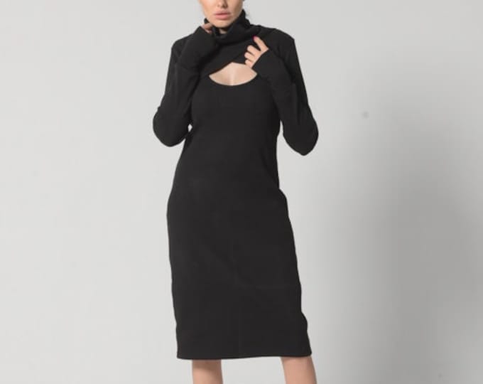 Long Sleeves Black Dress / Two-piece Fitted Dress / Turtleneck Black Dress