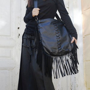 Leather Fringe Bag / Boho Purse Black / Fringe Boho Bag / Everyday Tote Bag / Genuine Leather Tote Bag / Black Leather Cross Body Bag